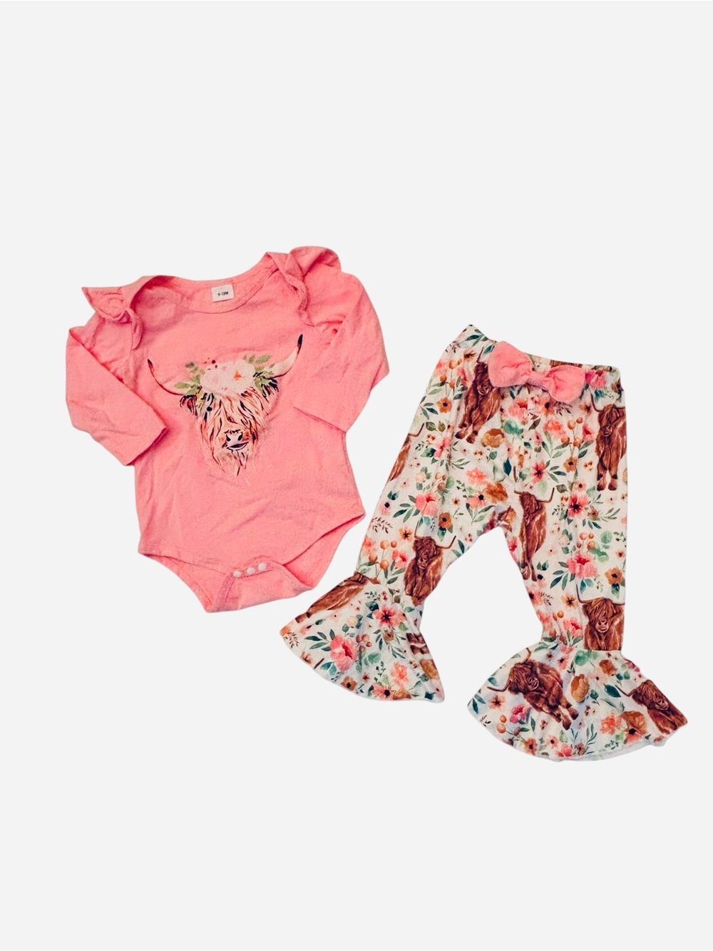 Pink Floral Highland Cow Baby Outfit Set 9-12 Months